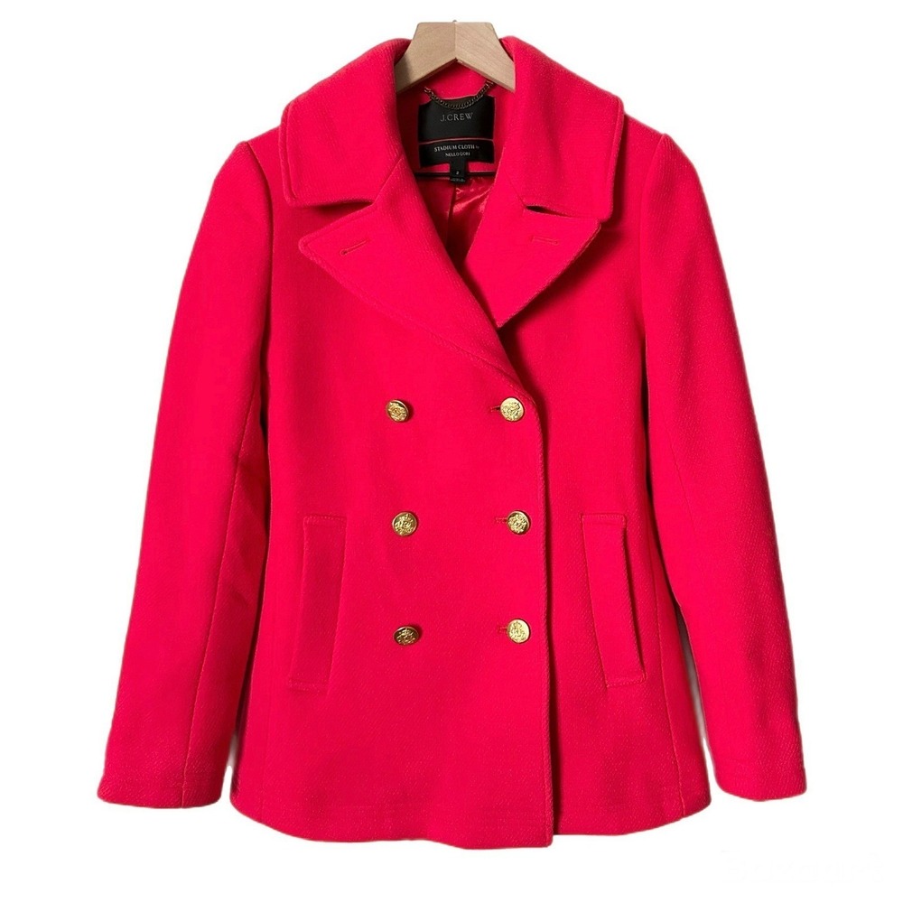 J.Crew Stadium Cloth Wool Majesty Pea Coat Red Gold Crest Buttons 49360 Size 2 - Picture 2 of 7